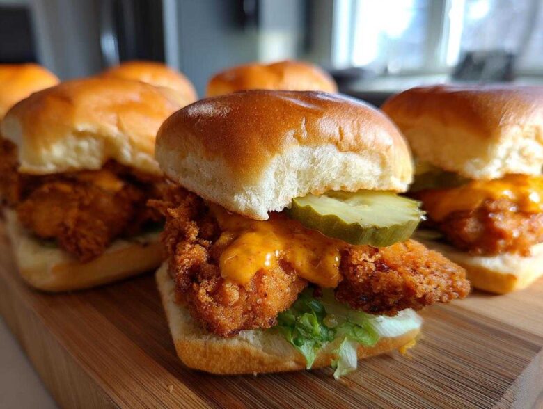 A close-up of several Crispy Chicken Sliders with Spicy Mayo, featuring a fried chicken patty, lettuce, pickle, and orange sauce on a soft bun.