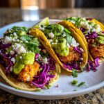 Three Crispy Chicken Tacos with avocado cream, red cabbage slaw, and cotija cheese on a white plate.