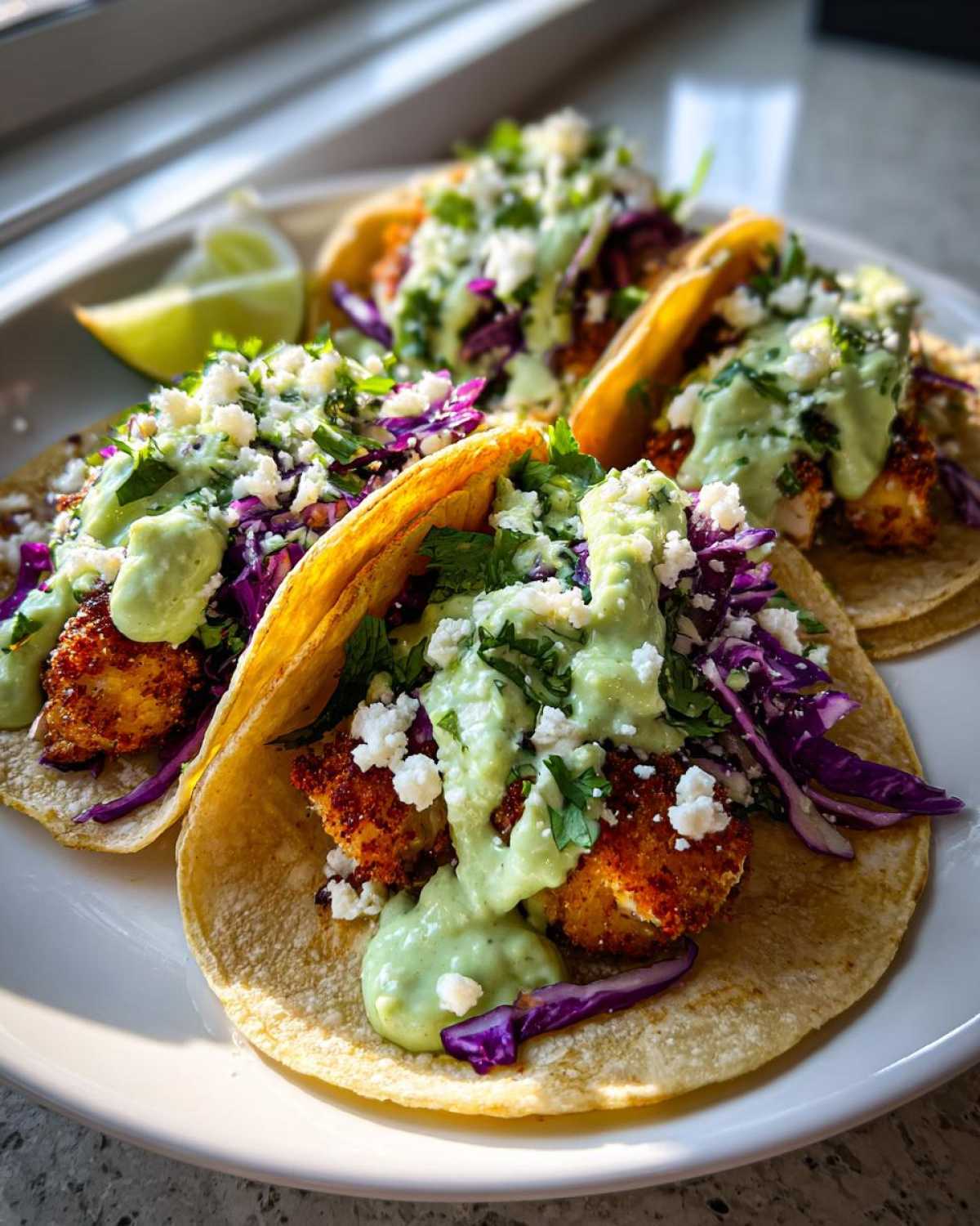 Three Crispy Chicken Tacos topped with purple cabbage, cotija cheese, and drizzled with avocado cream sauce.