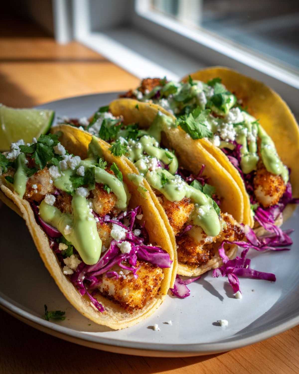 Four Crispy Chicken Tacos topped with purple cabbage, cotija cheese, cilantro, and a bright green avocado cream drizzle.