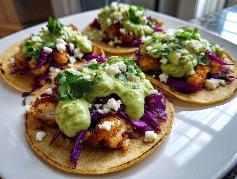 Four assembled Crispy Chicken Tacos topped with purple cabbage, avocado cream, and crumbled cheese on a white plate.