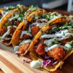 A row of four appetizing Crispy Chicken Tacos with Garlic Lime Sauce, topped with cilantro and red cabbage, resting on a wooden board.