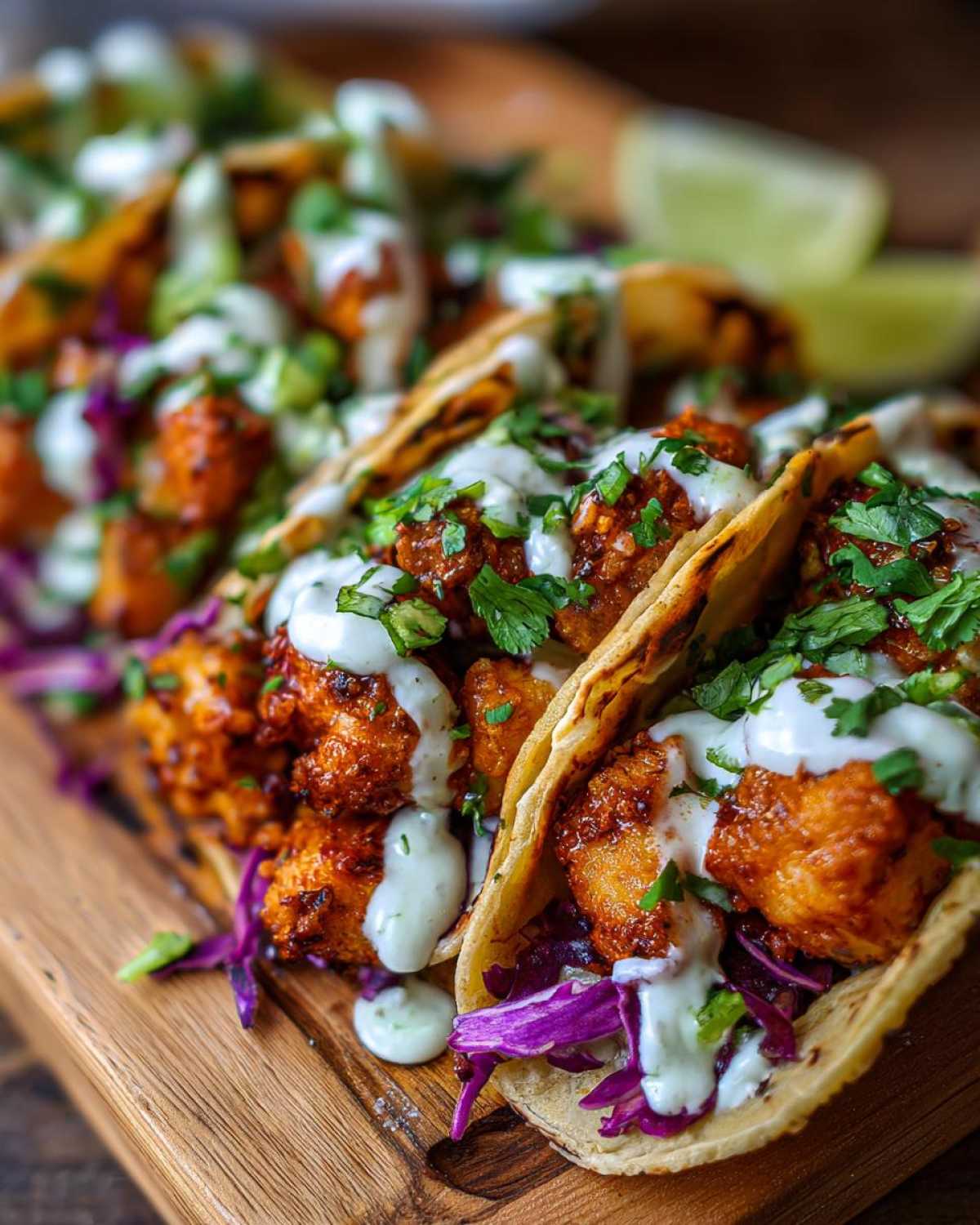 Close-up of several Crispy Chicken Tacos topped with a creamy garlic lime sauce and cilantro.