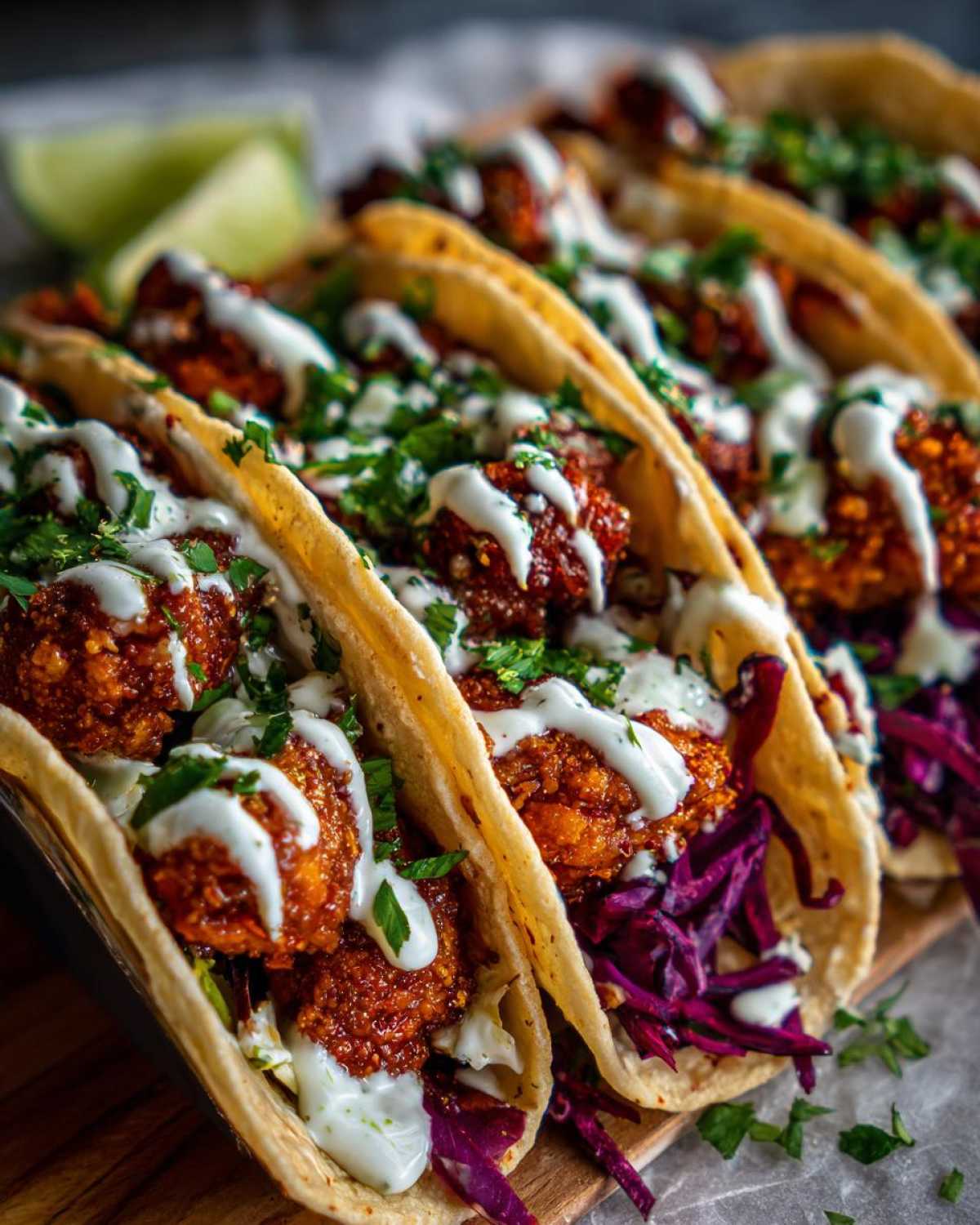 Close-up of several Crispy Chicken Tacos filled with fried chicken pieces, red cabbage, and drizzled with white garlic lime sauce.