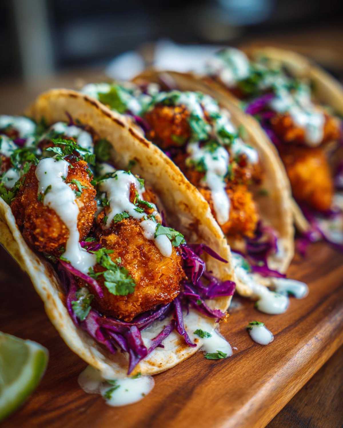 Close-up of three Crispy Chicken Tacos loaded with crispy chicken, red cabbage slaw, and drizzled with Garlic Lime Sauce.