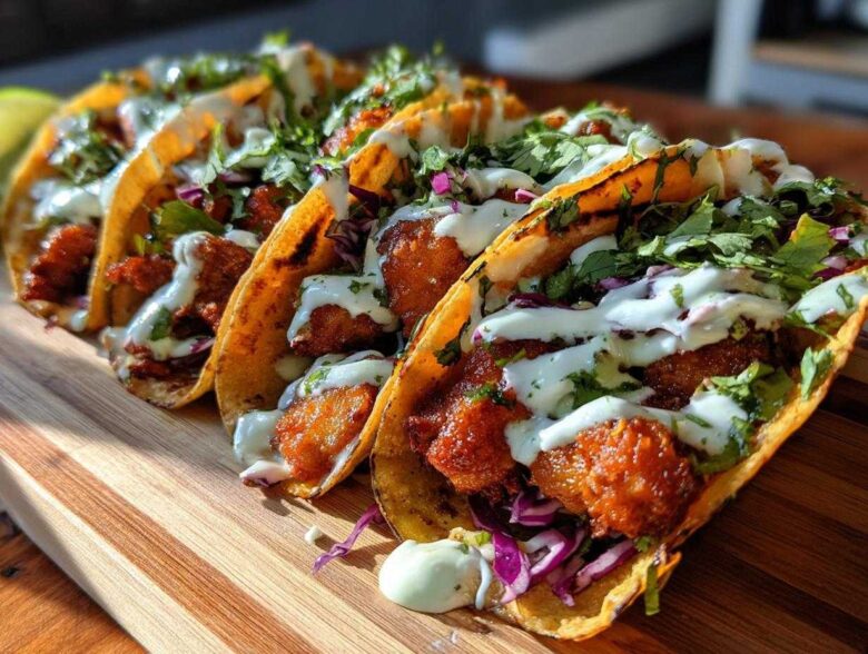 A row of four appetizing Crispy Chicken Tacos with Garlic Lime Sauce, topped with cilantro and red cabbage, resting on a wooden board.
