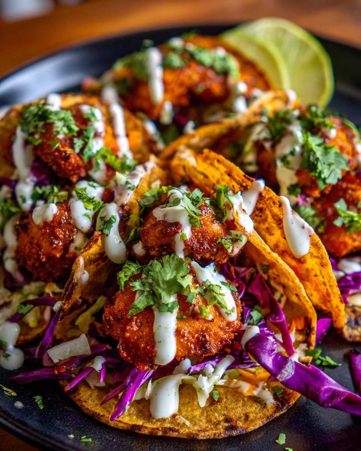 Close-up of several Crispy Chicken Tacos filled with bright red crispy chicken, purple cabbage slaw, and drizzled with white garlic lime sauce.