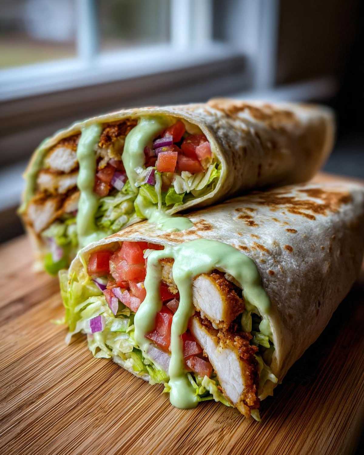 Two halves of a Crispy Chicken Wrap with Creamy Avocado Sauce, showing crispy chicken, lettuce, tomato, and dripping green sauce.