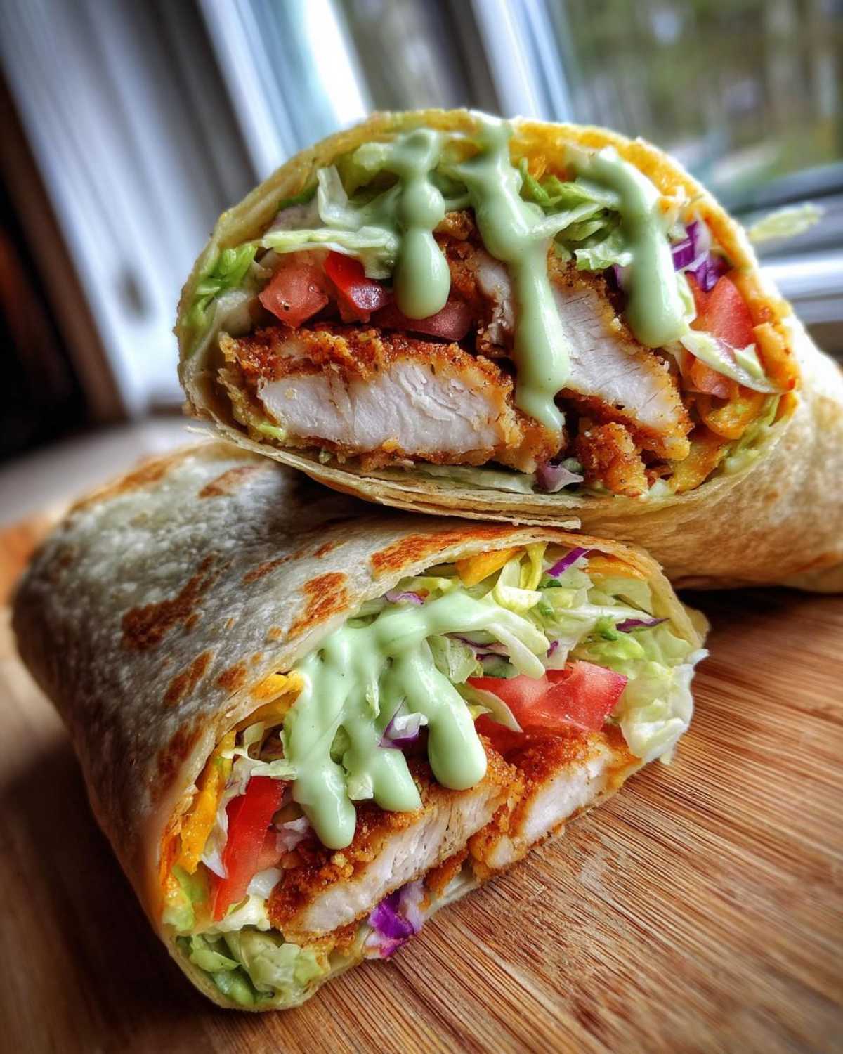 Close-up of a Crispy Chicken Wrap with Creamy Avocado Sauce cut in half, showing crispy chicken, lettuce, and tomatoes.