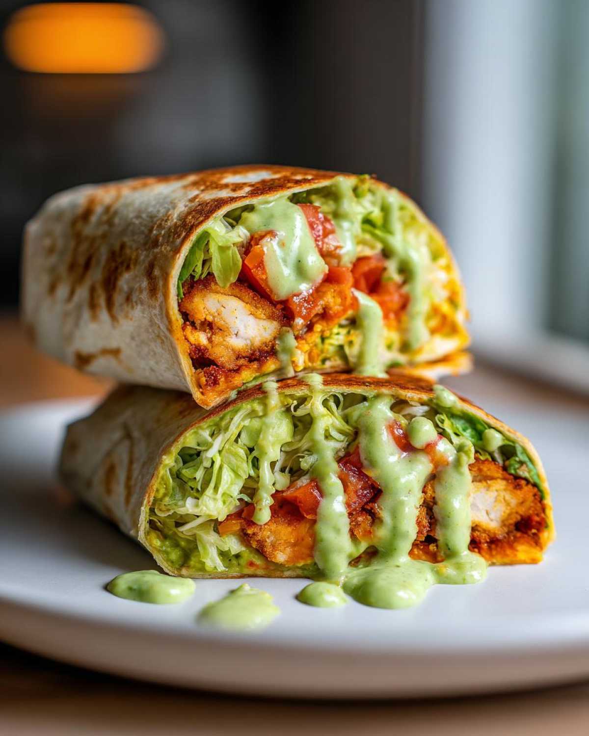 Two halves of a Crispy Chicken Wrap with Avocado Sauce stacked, showing crispy chicken, lettuce, and tomatoes inside.