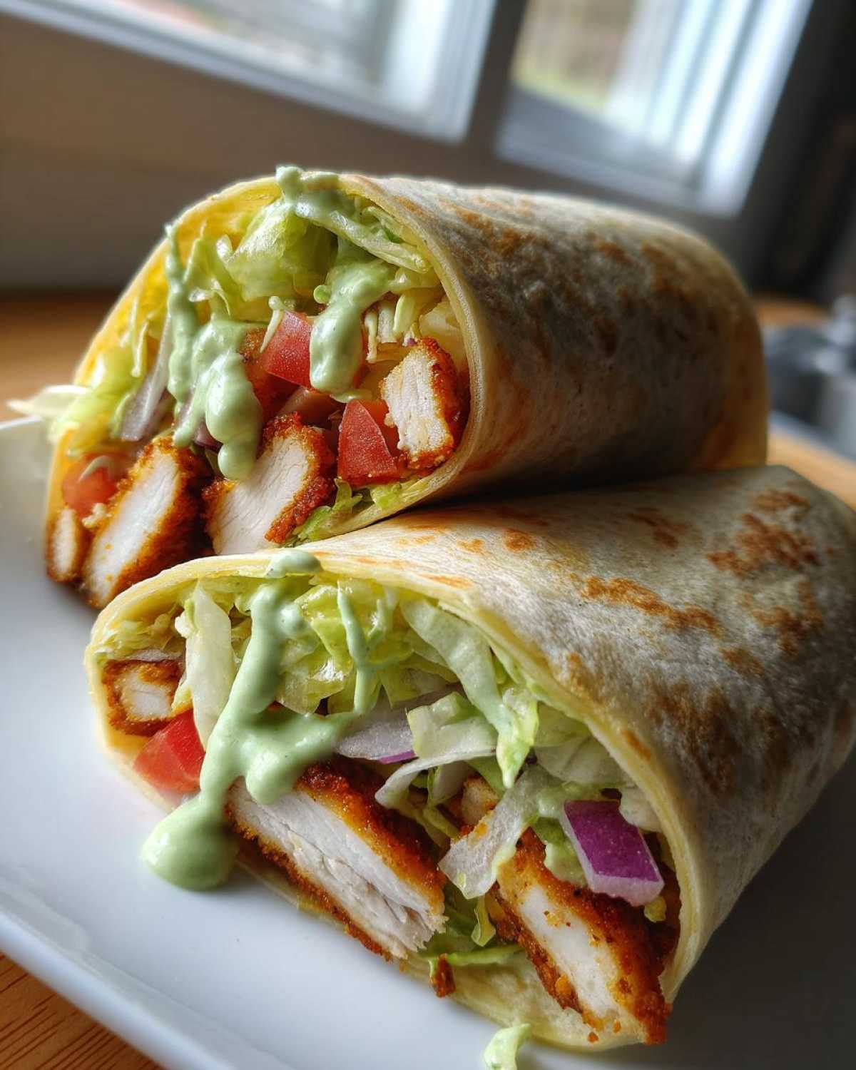 Two halves of a Crispy Chicken Wrap with Creamy Avocado Sauce, showing crispy chicken, lettuce, tomato, and green sauce.
