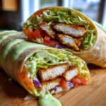 Two halves of a Crispy Chicken Wrap with Creamy Avocado Sauce, showing crispy chicken, lettuce, and tomatoes.