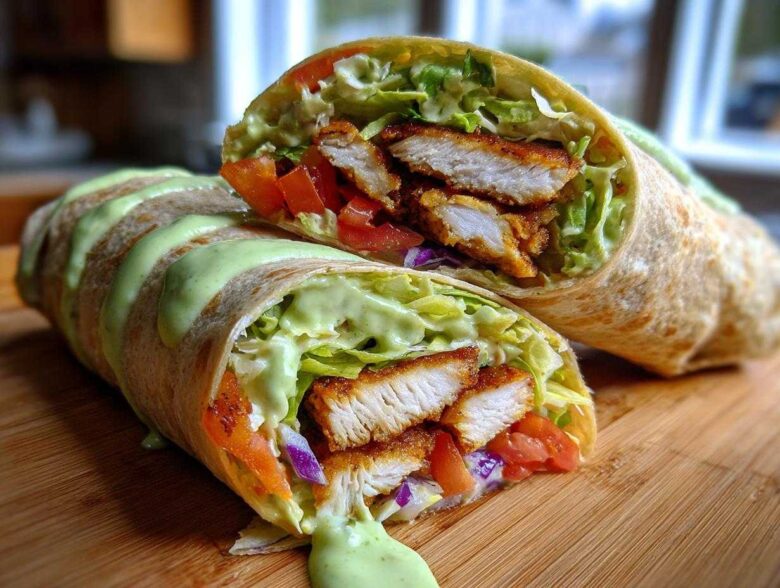 Two halves of a Crispy Chicken Wrap with Creamy Avocado Sauce, showing crispy chicken, lettuce, and tomatoes.