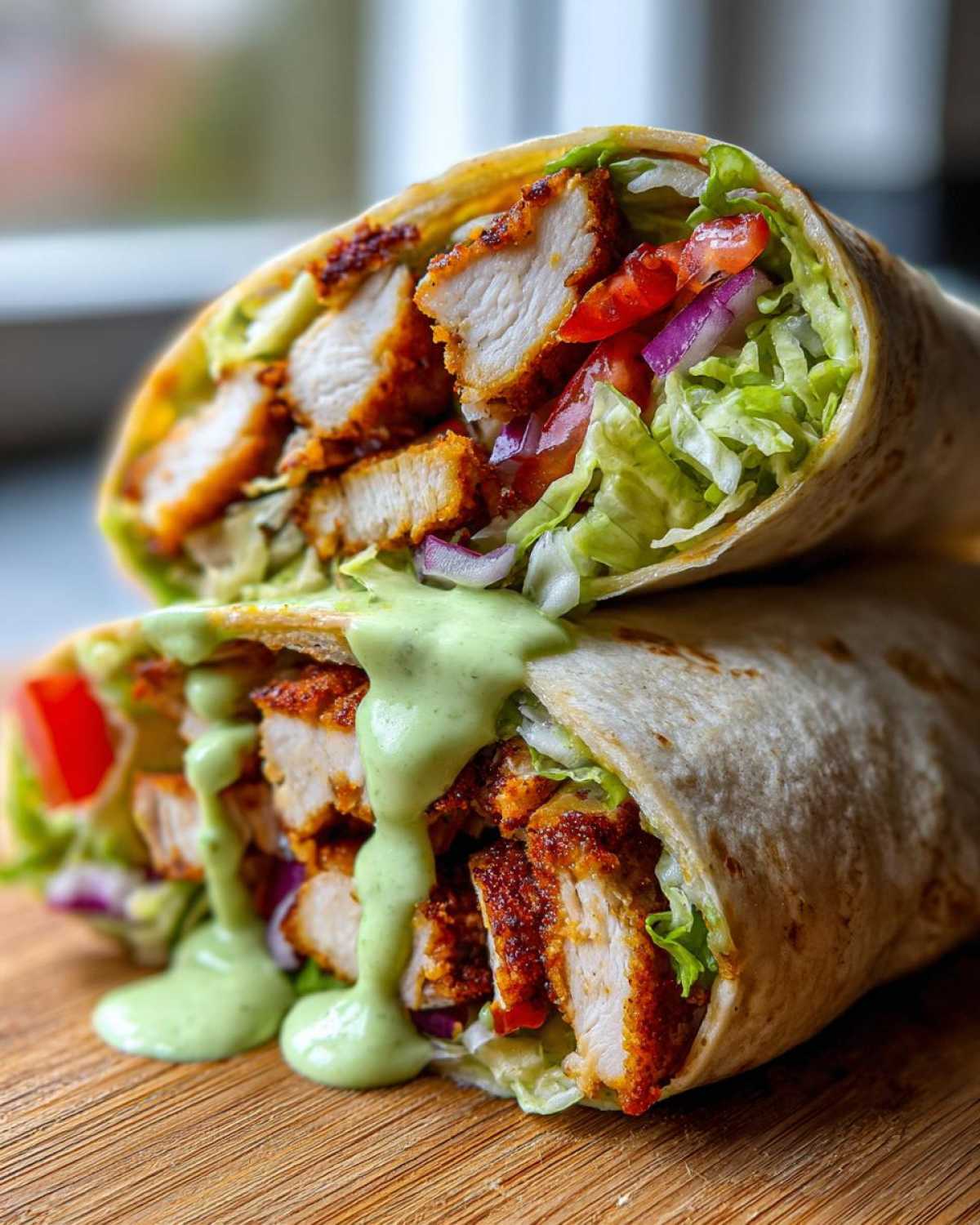Two halves of a Crispy Chicken Wrap with Creamy Avocado Sauce, showing crispy chicken, lettuce, tomato, and dripping green sauce.
