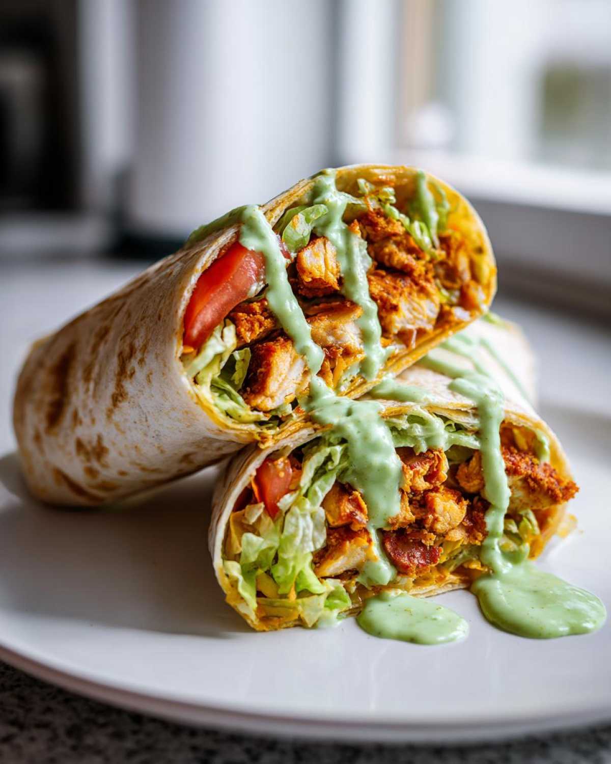 Two halves of a Crispy Chicken Wrap with Avocado Sauce, showing seasoned chicken, lettuce, and tomato, drizzled with green sauce.
