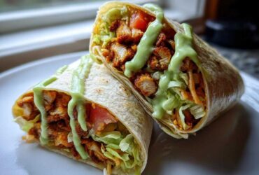 Two halves of a Crispy Chicken Wrap with Avocado Sauce, showing seasoned chicken, lettuce, and tomato drizzled with green sauce.