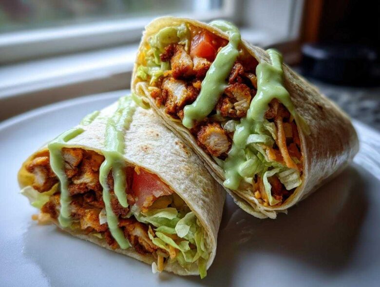 Two halves of a Crispy Chicken Wrap with Avocado Sauce, showing seasoned chicken, lettuce, and tomato drizzled with green sauce.