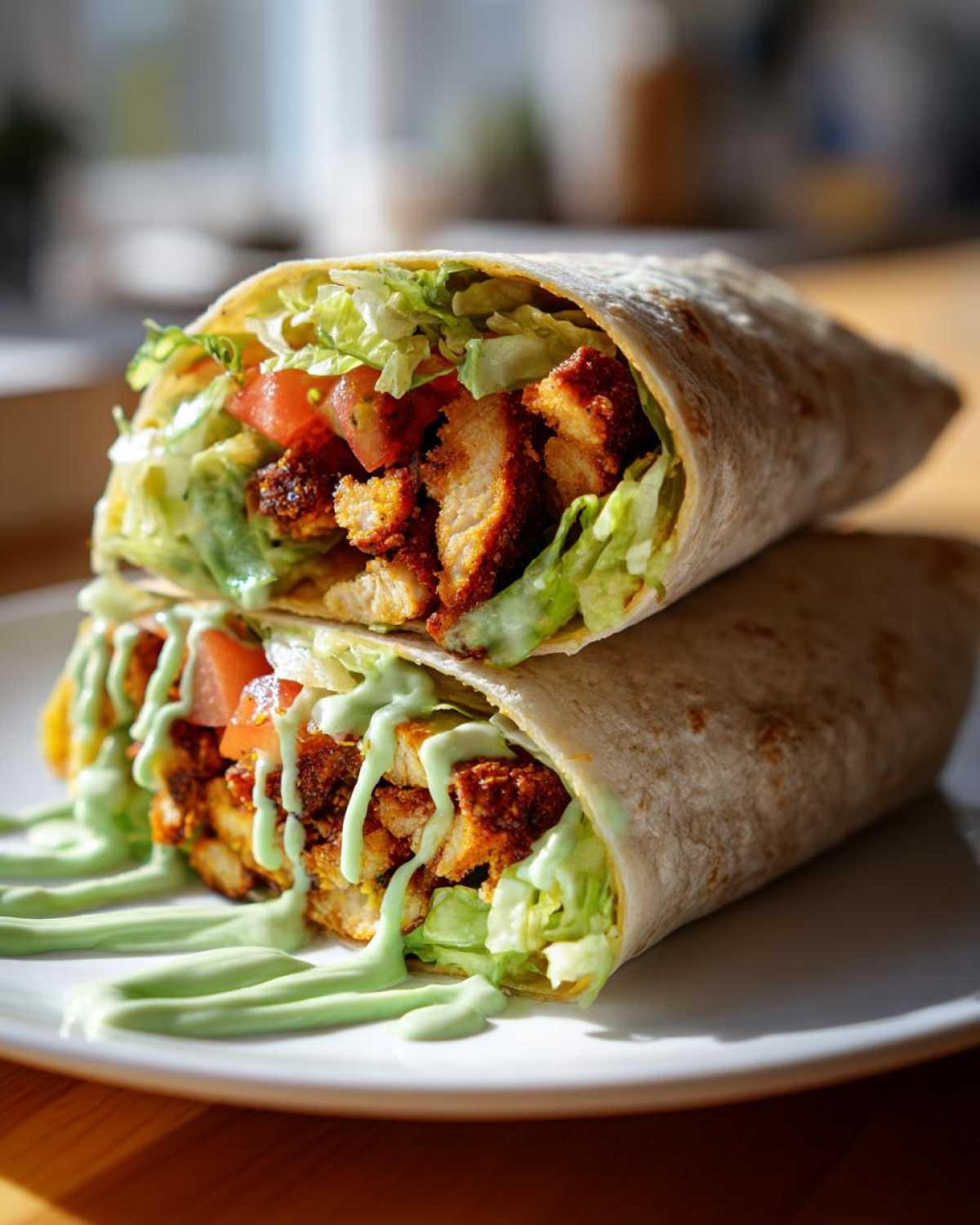 Two halves of a Crispy Chicken Wrap with Avocado Sauce stacked on a white plate, drizzled with extra green sauce.