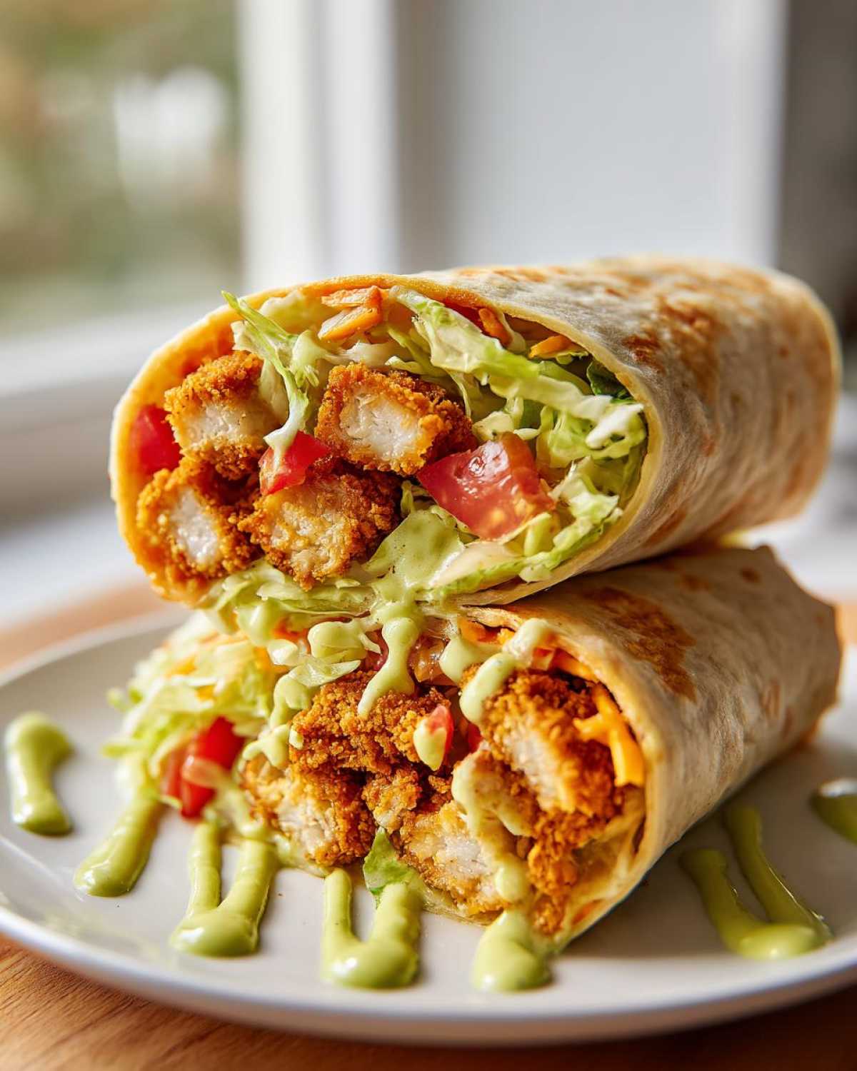 Two halves of a Crispy Chicken Wrap with Avocado Sauce, stacked on a plate with extra green sauce drizzled.