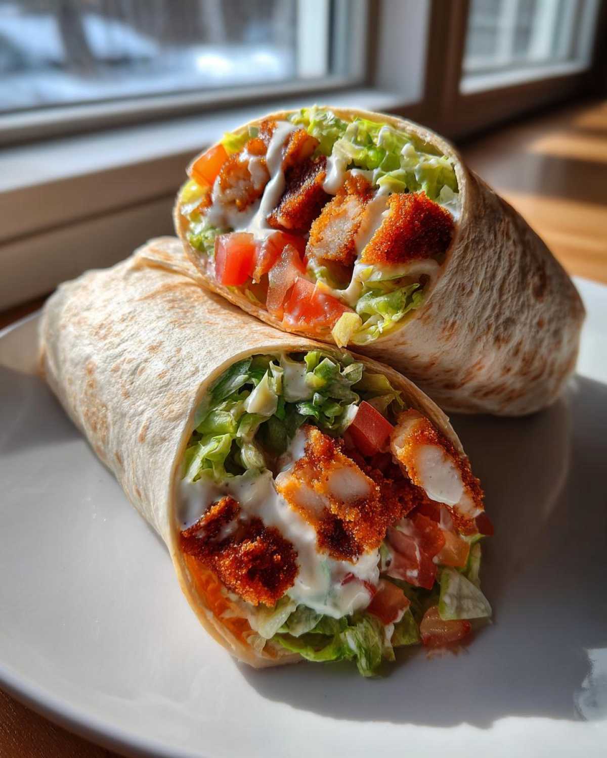Two halves of a Crispy Chicken Wrap with Creamy Ranch Sauce, filled with lettuce, tomatoes, and crispy chicken pieces.