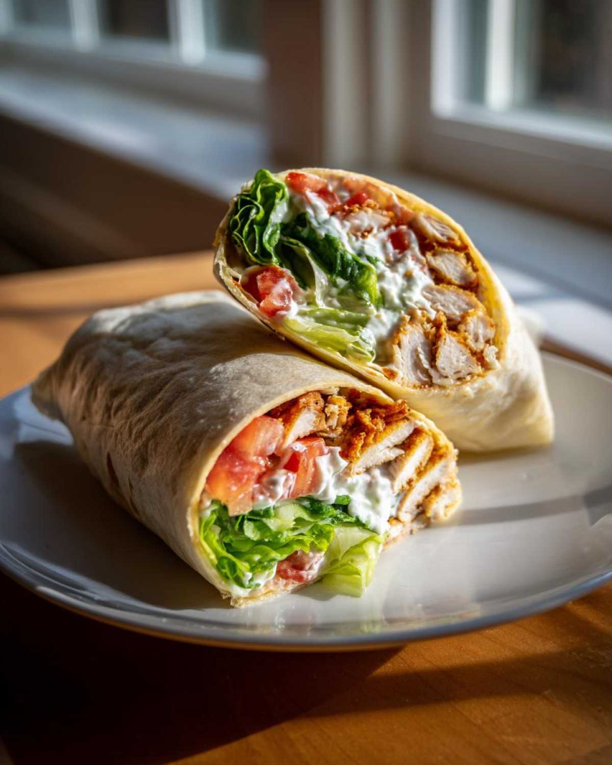 A Crispy Chicken Wrap with Creamy Ranch Sauce cut in half, showing crispy chicken, lettuce, tomato, and sauce.