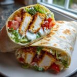 Two halves of a Crispy Chicken Wrap with Creamy Ranch Sauce showing crispy chicken, lettuce, tomato, and white sauce.