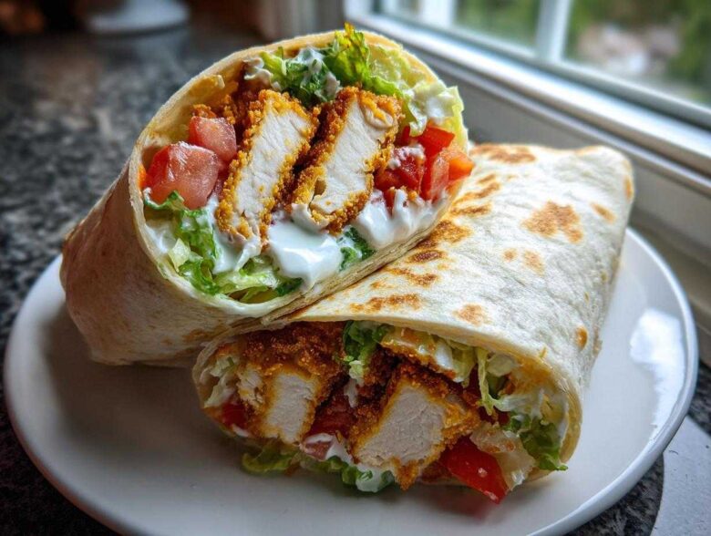 Two halves of a Crispy Chicken Wrap with Creamy Ranch Sauce showing crispy chicken, lettuce, tomato, and white sauce.