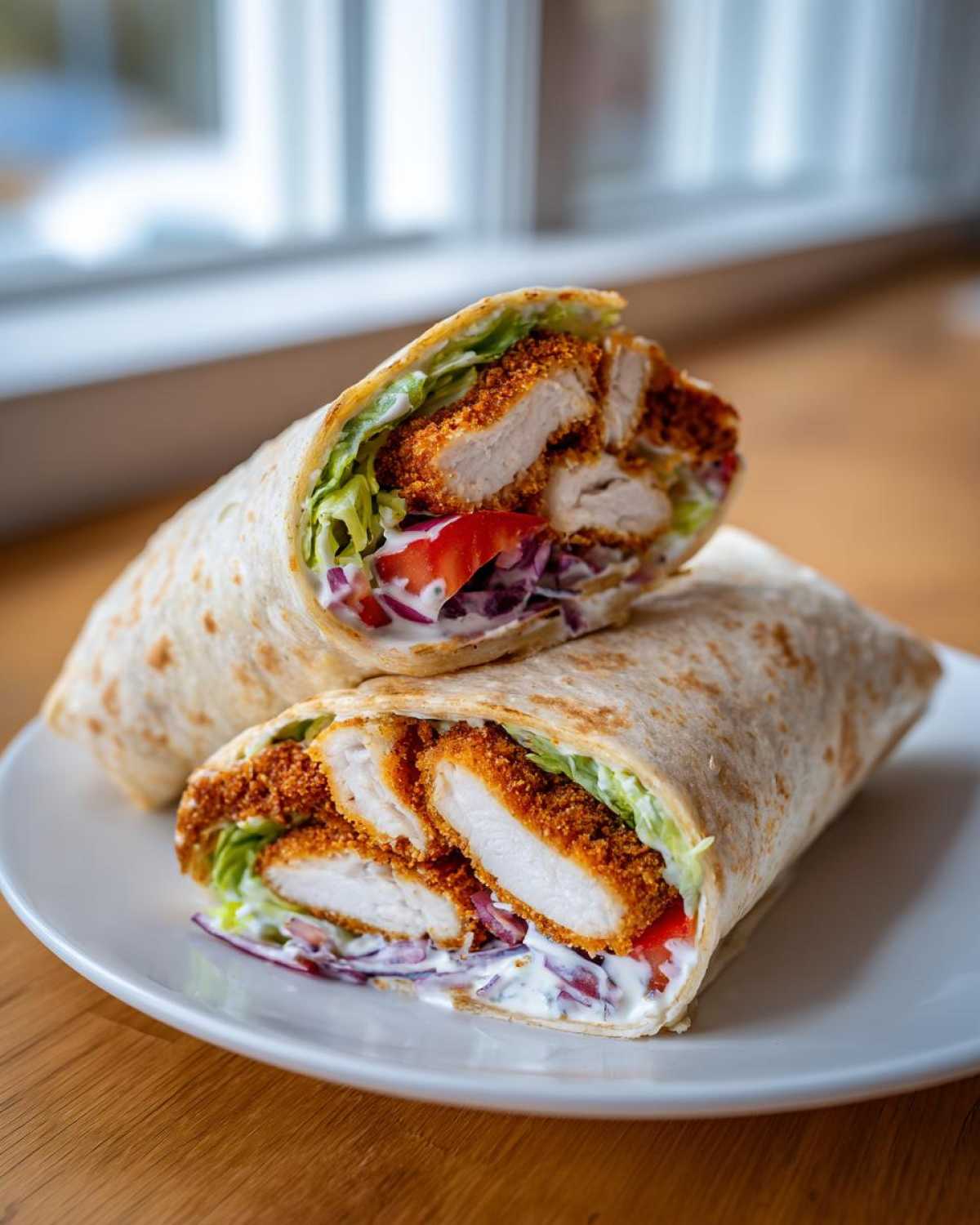 Two halves of a Crispy Chicken Wrap with Garlic Yogurt Sauce, showing crispy chicken, lettuce, tomato, and sauce inside a tortilla.