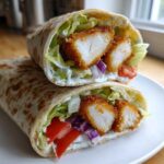 Two halves of a Crispy Chicken Wrap with Garlic Yogurt Sauce, showing crispy chicken, lettuce, tomato, and onion inside a tortilla.