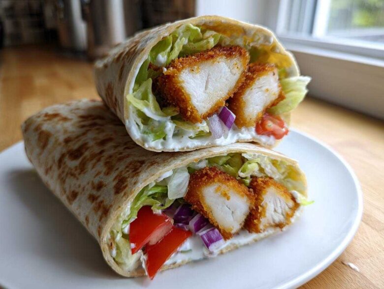 Two halves of a Crispy Chicken Wrap with Garlic Yogurt Sauce, showing crispy chicken, lettuce, tomato, and onion inside a tortilla.