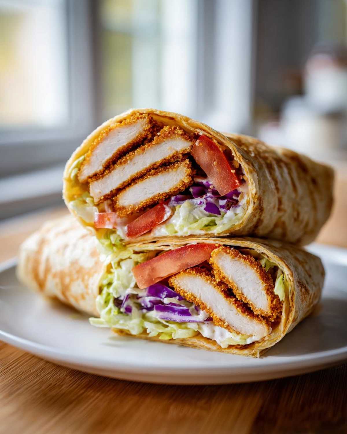 Two halves of a Crispy Chicken Wrap with Garlic Yogurt Sauce stacked, showing crispy chicken strips, lettuce, and tomato.