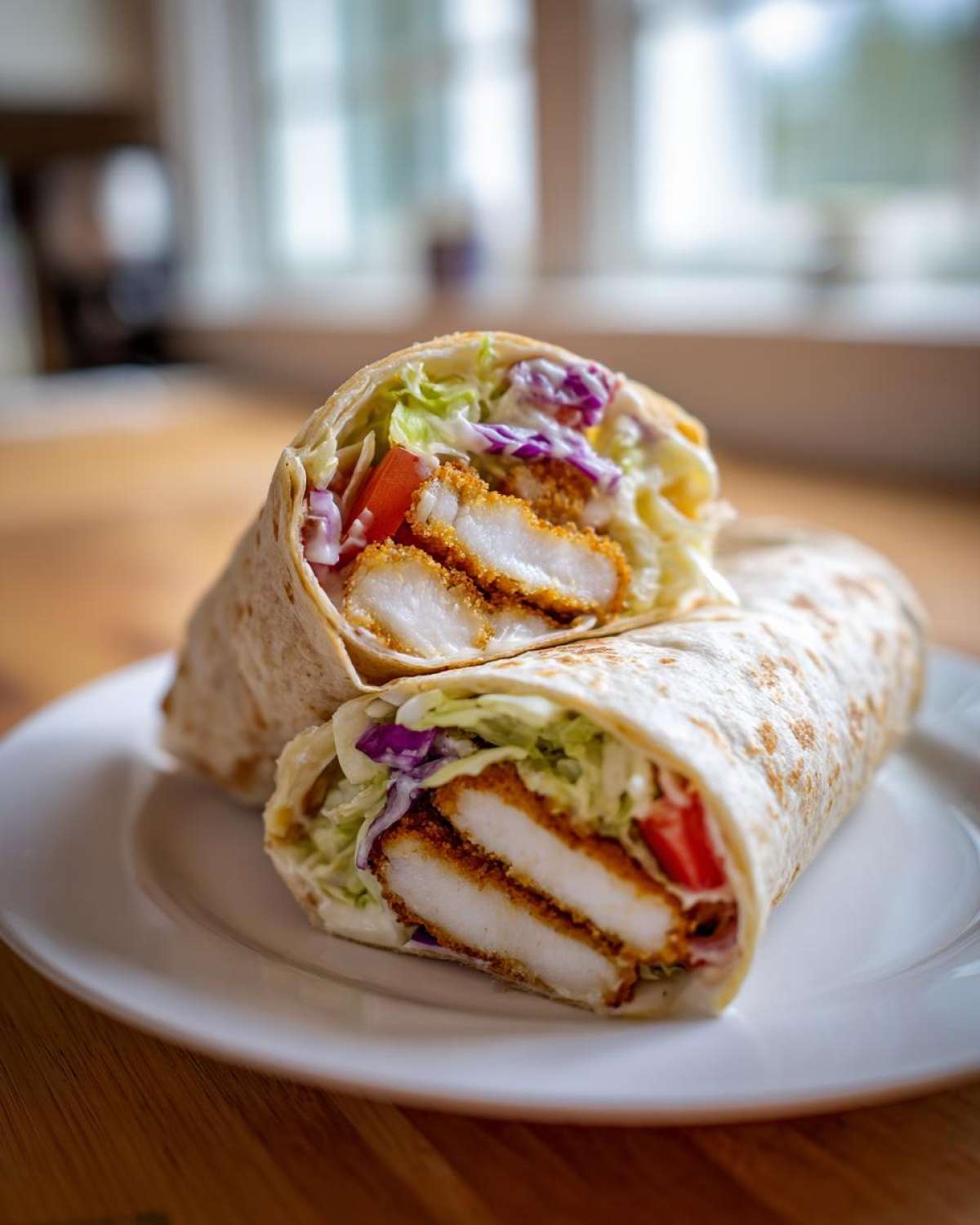A halved Crispy Chicken Wrap with Garlic Yogurt Sauce showing crispy chicken tenders, lettuce, cabbage, and tomato inside a tortilla.