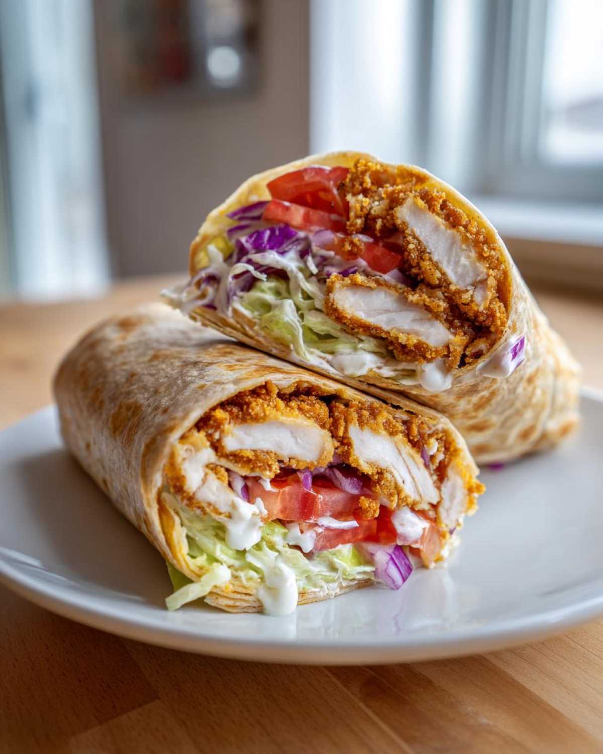 A halved Crispy Chicken Wrap with Garlic Yogurt Sauce showing crispy chicken, lettuce, tomato, and red onion on a white plate.