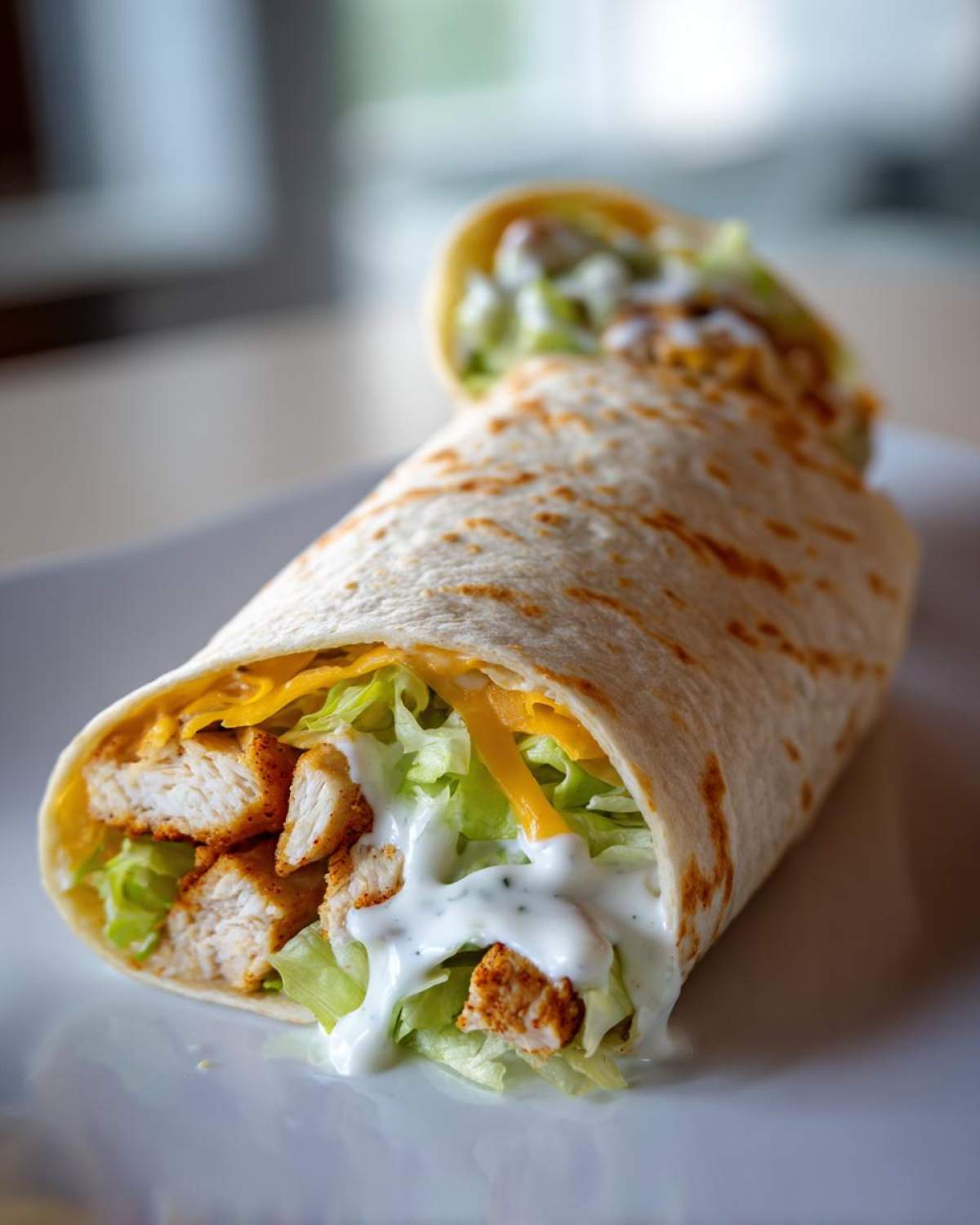 A close-up of a Crispy Chicken Wrap with Ranch Sauce, filled with lettuce, cheese, and seasoned chicken pieces.