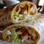 Close-up of a Crispy Chicken Wrap with Ranch Sauce cut in half, showing crispy chicken, lettuce, cheese, and ranch dressing.