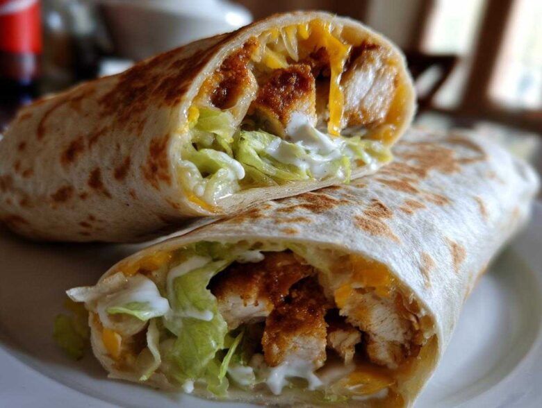 Close-up of a Crispy Chicken Wrap with Ranch Sauce cut in half, showing crispy chicken, lettuce, cheese, and ranch dressing.