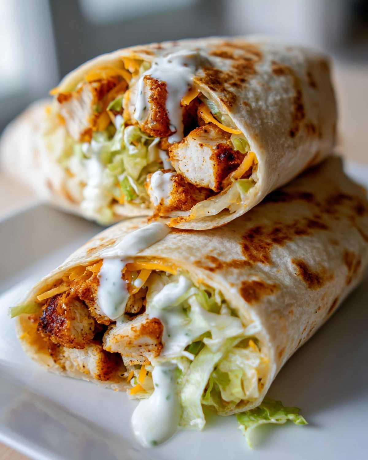 Close-up of a Crispy Chicken Wrap with Ranch Sauce cut in half, showing seasoned chicken, lettuce, and cheese.