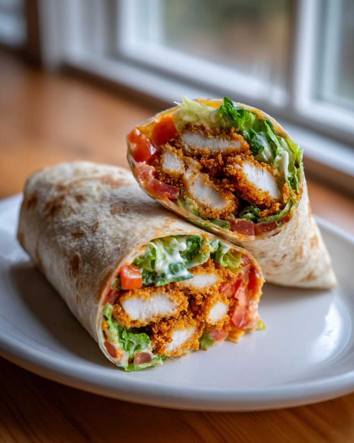 Cross-section of a Crispy Chicken Wrap with Creamy Ranch Sauce, showing fried chicken tenders, lettuce, and tomato.