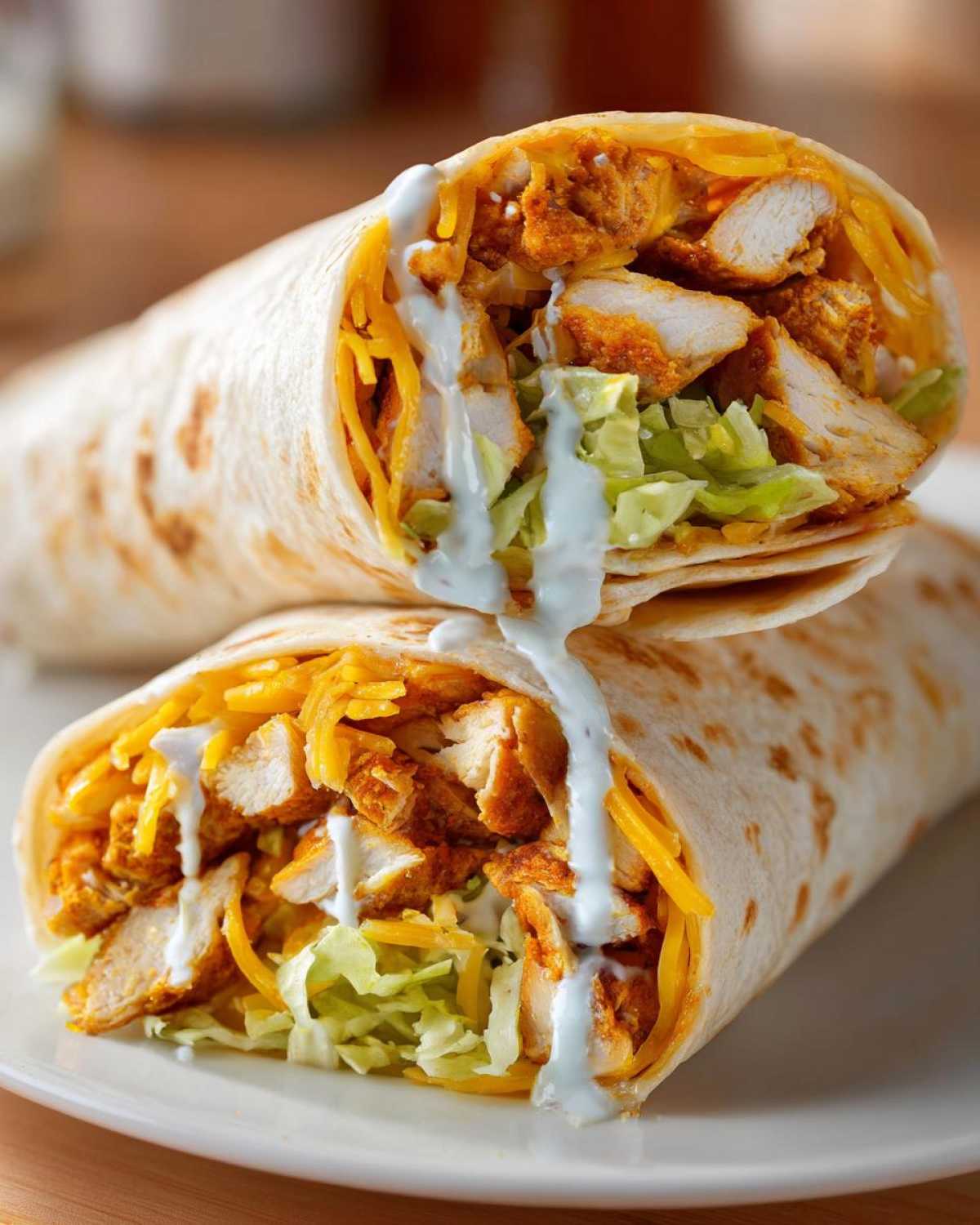 Two halves of a Crispy Chicken Wrap with Ranch Sauce, filled with crispy chicken, lettuce, and shredded cheese.