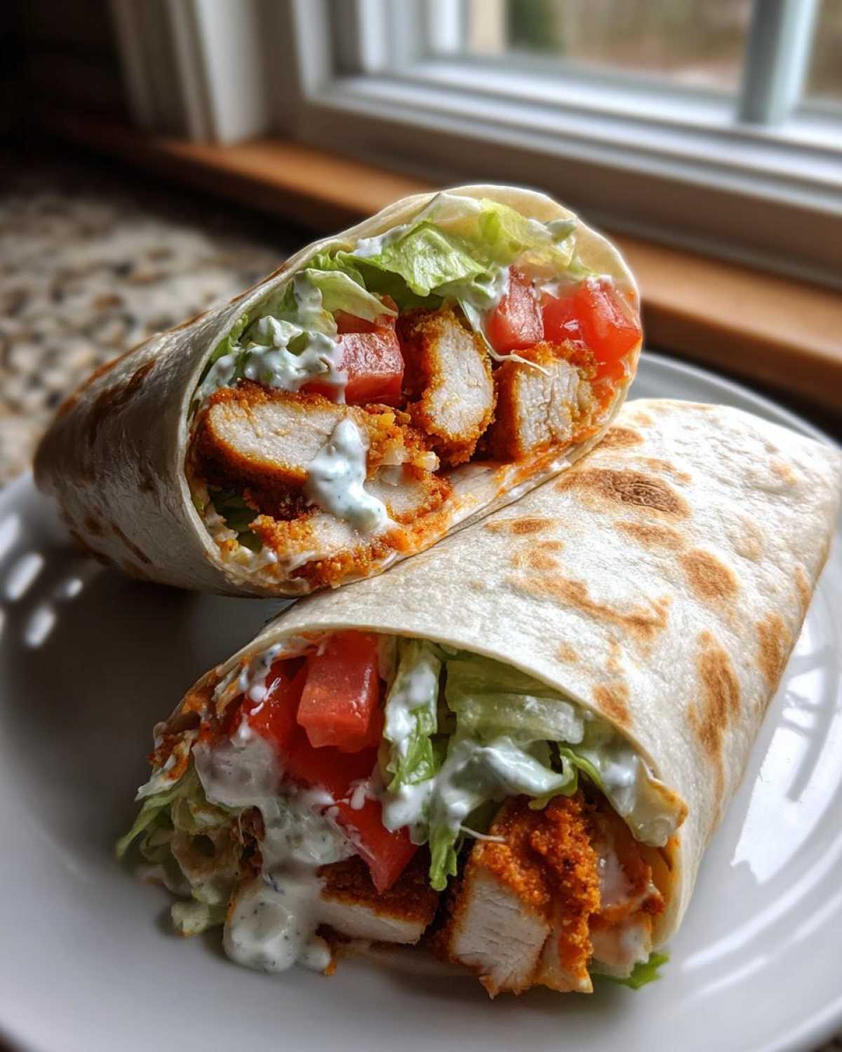 A halved Crispy Chicken Wrap with Creamy Ranch Sauce showing crispy chicken, lettuce, tomato, and sauce inside a toasted tortilla.