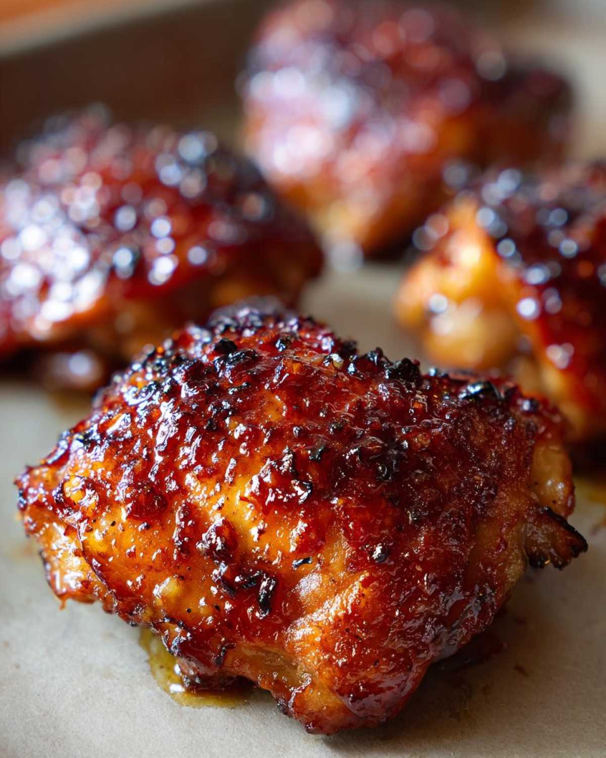 Close-up of a perfectly cooked Honey Garlic Chicken Thighs with a glossy, caramelized, and crispy skin.