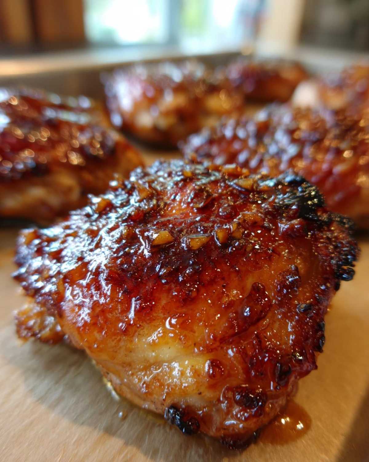 Close-up of a perfectly glazed, crispy Honey Garlic Chicken Thighs with visible bits of garlic in the sauce.