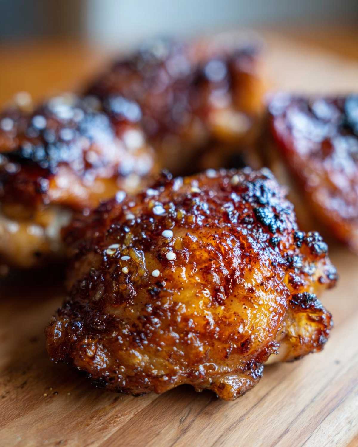 Close-up of glistening, crispy Honey Garlic Chicken Thighs seasoned with sesame seeds on a wooden board.