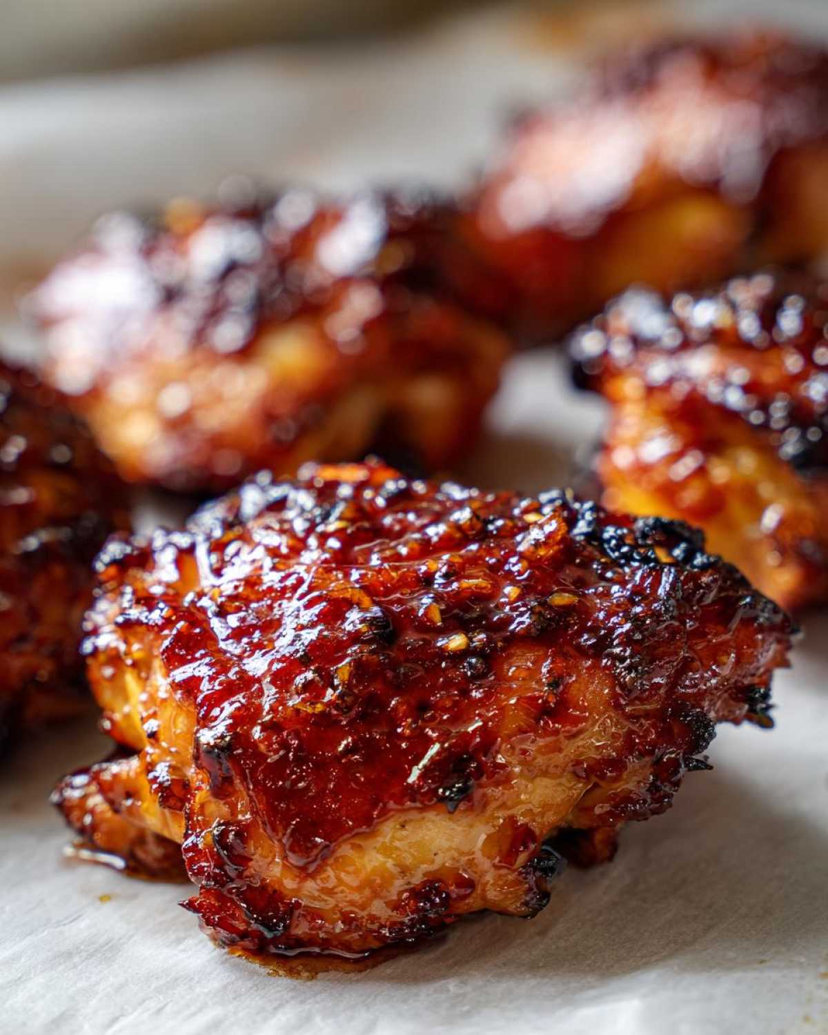 Close-up of perfectly cooked Honey Garlic Chicken Thighs with crispy, caramelized skin coated in a thick, glossy glaze.
