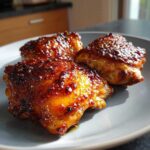 Three pieces of perfectly cooked Honey Soy Chicken Thighs with incredibly crispy, caramelized edges on a grey plate.