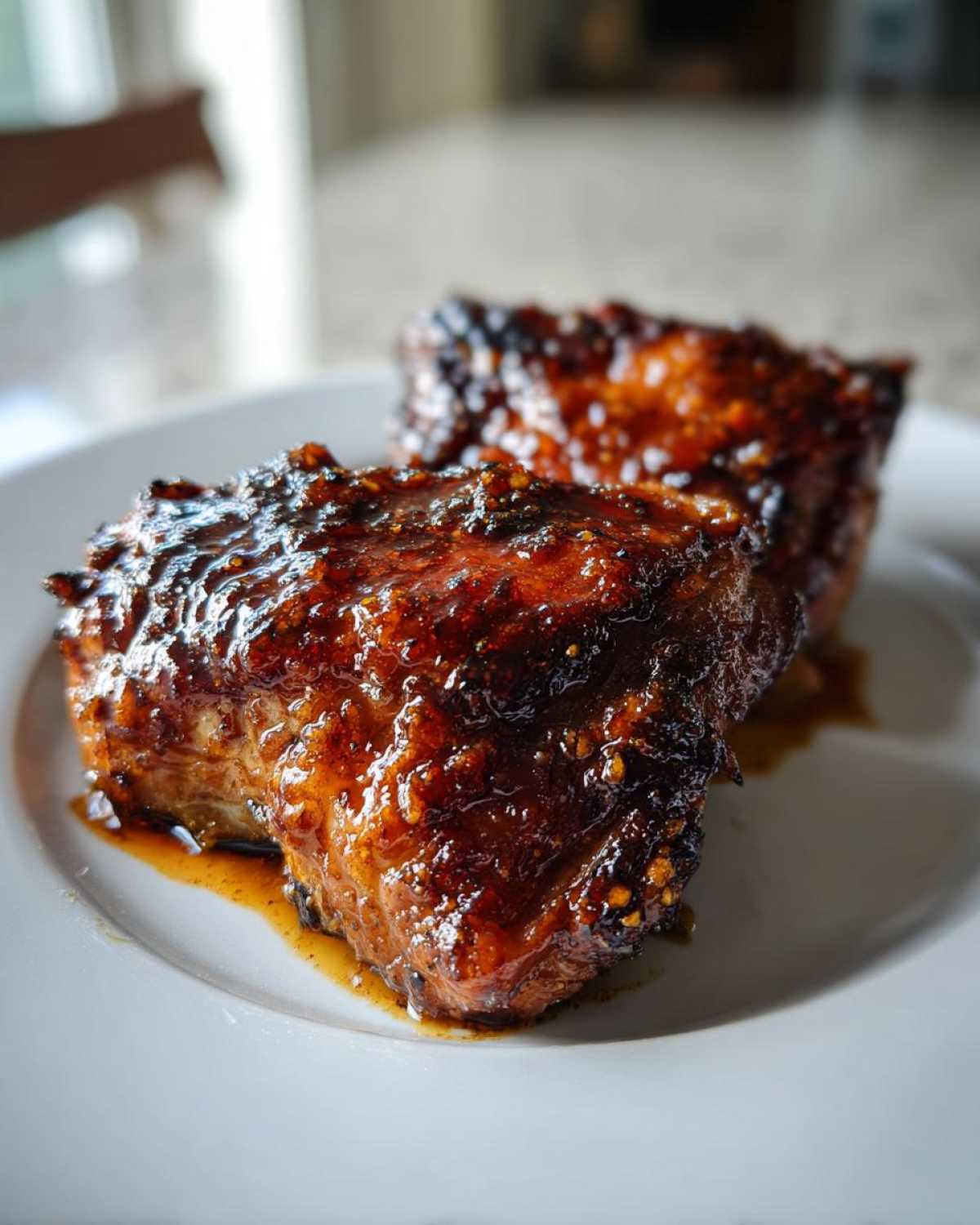 Two pieces of Honey Soy Chicken Thighs with crispy, dark caramelized edges resting on a white plate.