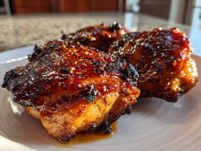 Close-up of three Honey Soy Chicken Thighs with crispy, caramelized edges and a shiny glaze.