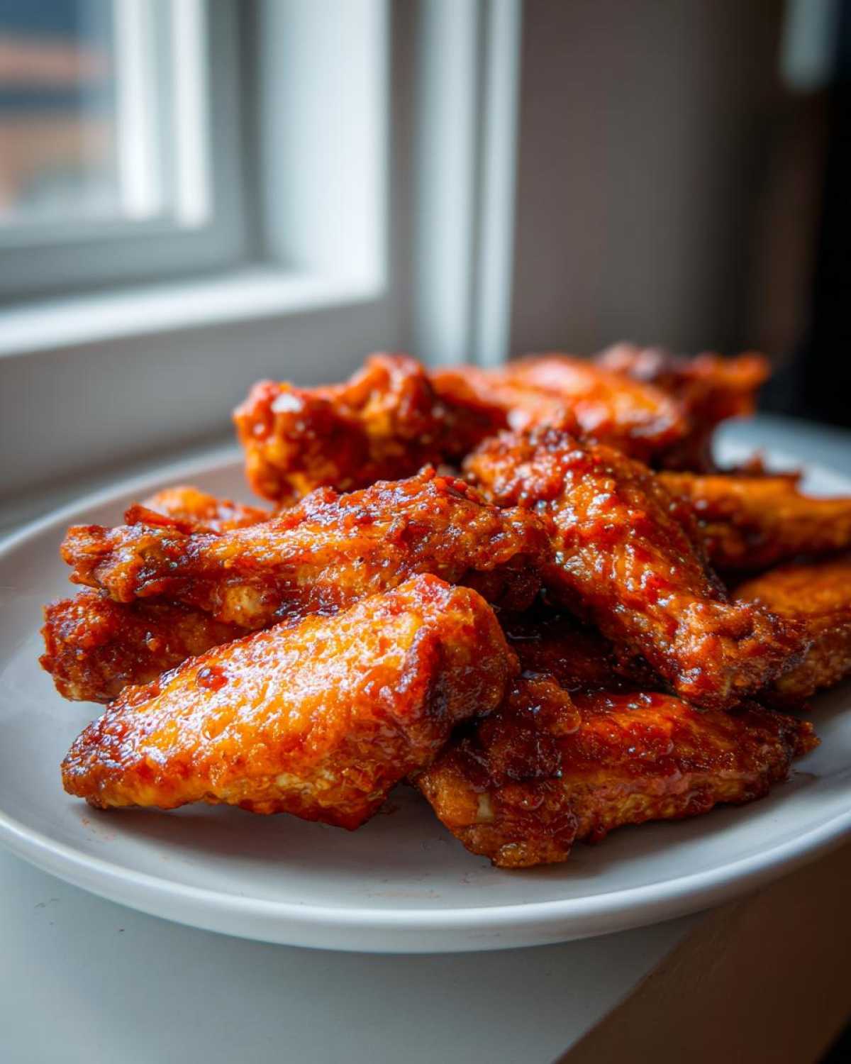A close-up of crispy oven baked Honey Sriracha Chicken Wings coated in a glossy, spicy glaze on a white plate.