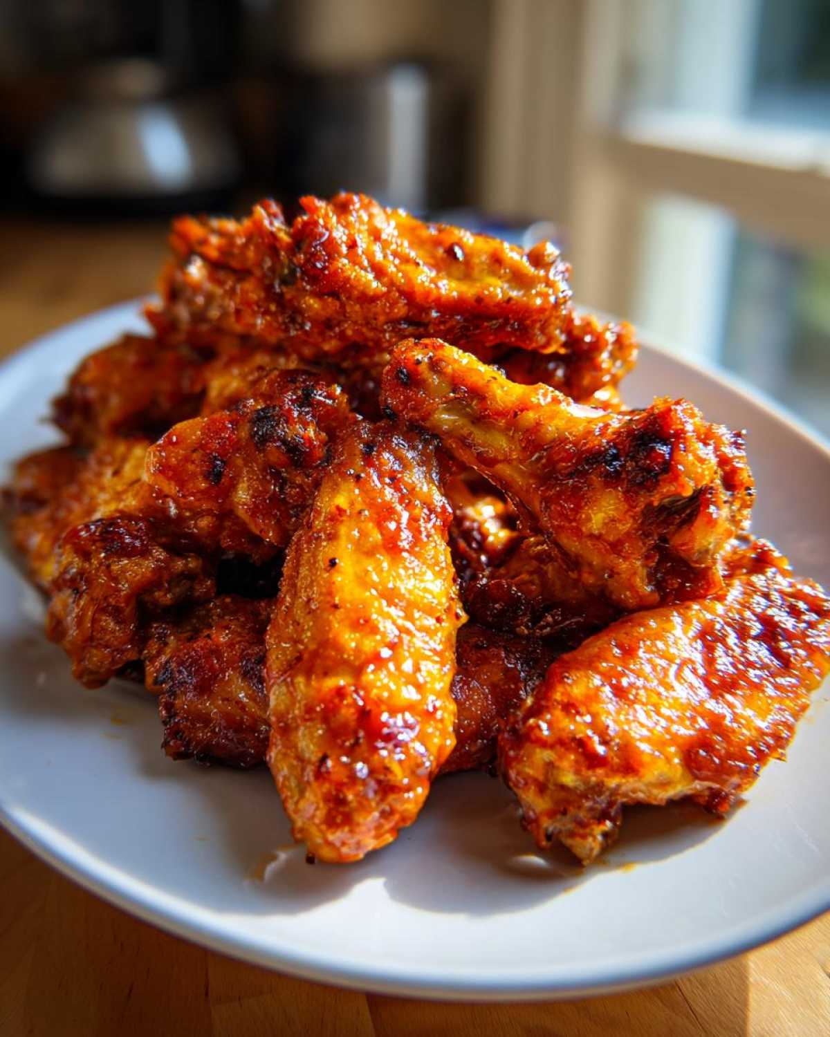 A close-up of a pile of glistening, crispy oven baked Honey Sriracha Chicken Wings on a white plate.