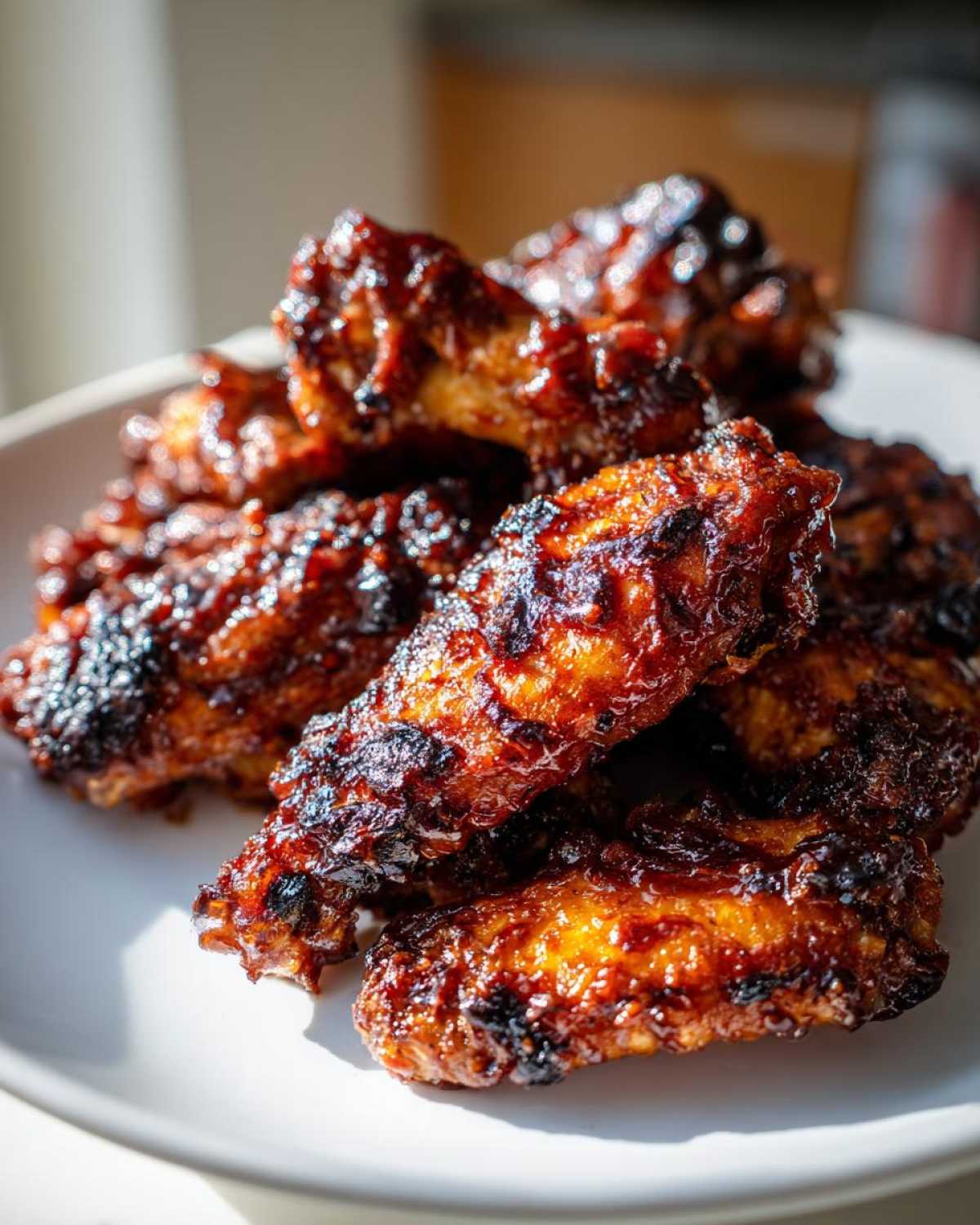 A pile of oven-baked Sticky Teriyaki Chicken Wings, glossy with caramelized sauce.